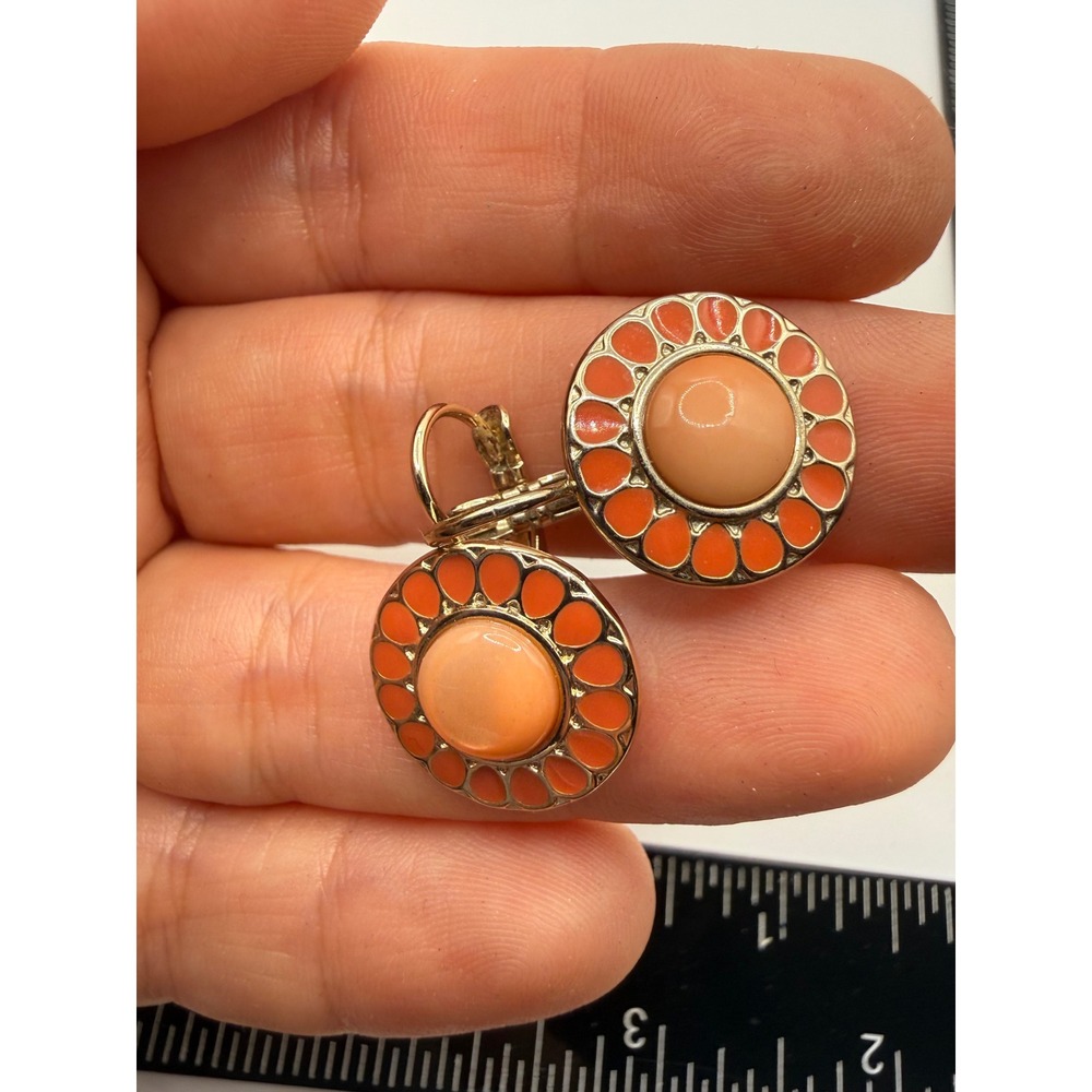 Vintage‎ Gold Tone Coral Orange Enamel Sunburst Leverback Drop Earrings